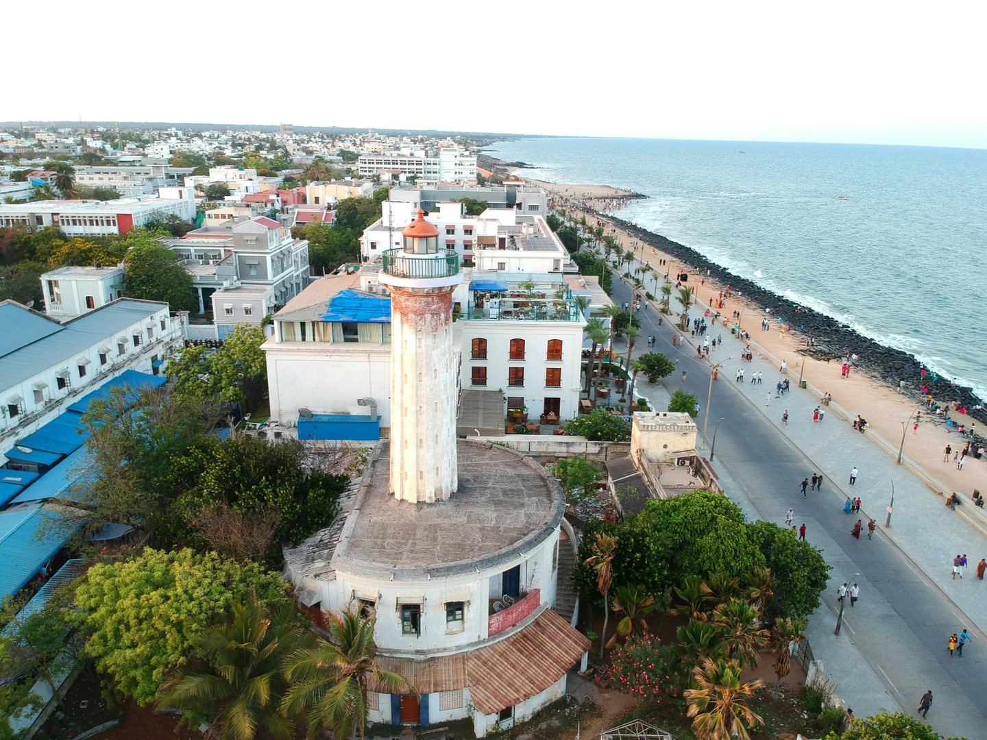 Aerial view of Puducherry lighthouse, promenade and Bay of Bengal coastline